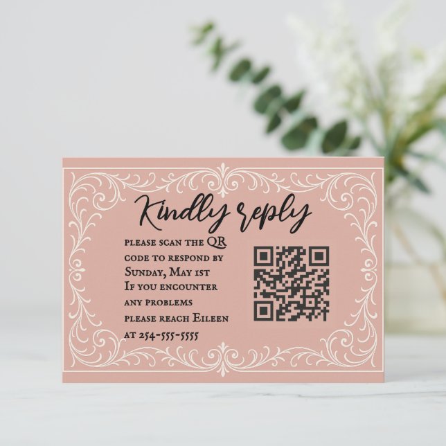 Rosa Heirloom QR Code Wedding RSVP Card Karte (Stehend Vorderseite)