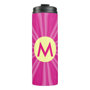 Rosa heiße, helle Sonnenstrahlen-Monogramm-Gelbe K Thermosbecher