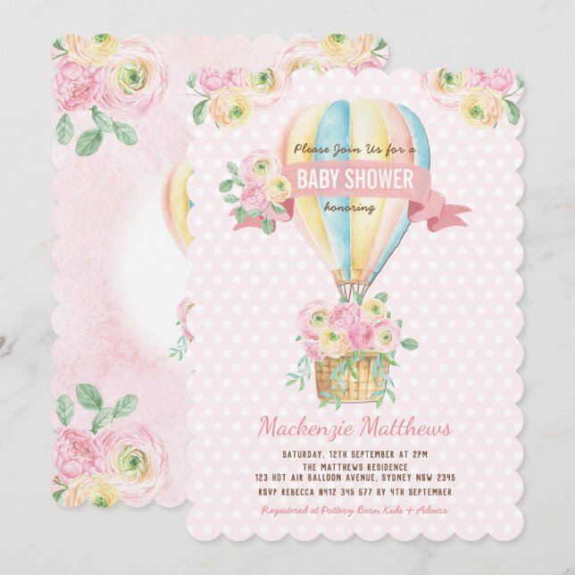 Rosa Heißluft-Ballon-BlumenBaby-Dusche Einladung (Vorne/Hinten)