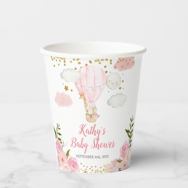 Rosa Heißluftballon Babydusche Pappbecher (Vorderseite)