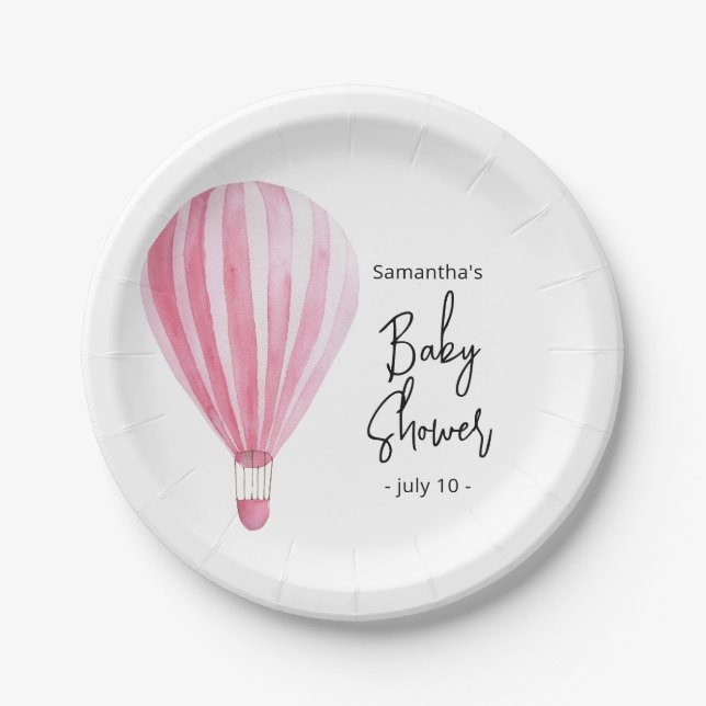 Rosa Heißluftballon Babydusche Pappteller (Vorderseite)