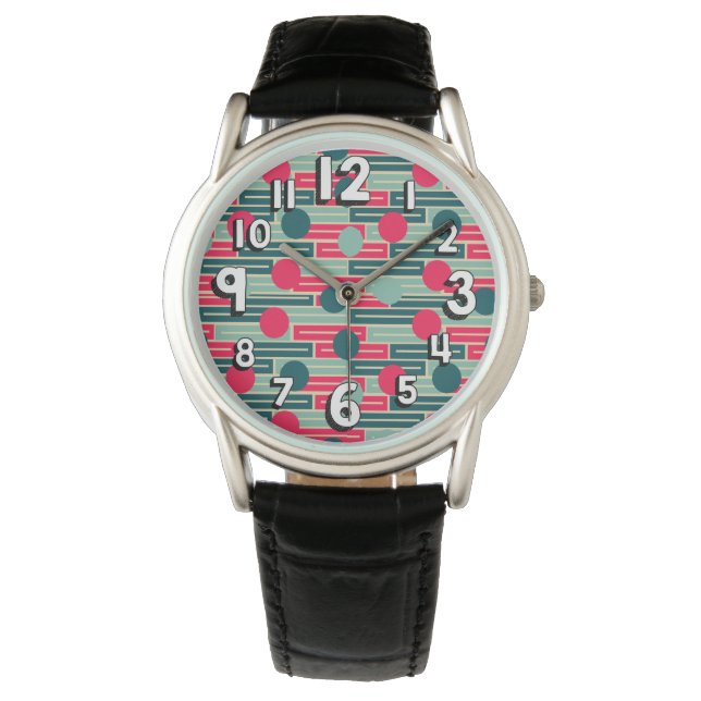 Rosa, hellblau, Aquamarine Rechtecke und Kreise Armbanduhr (Vorderseite)