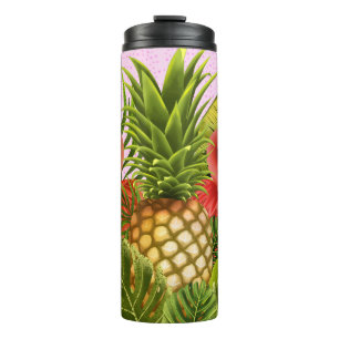 Rosa Heronen mit tropischen Blätter und Ananas Thermosbecher