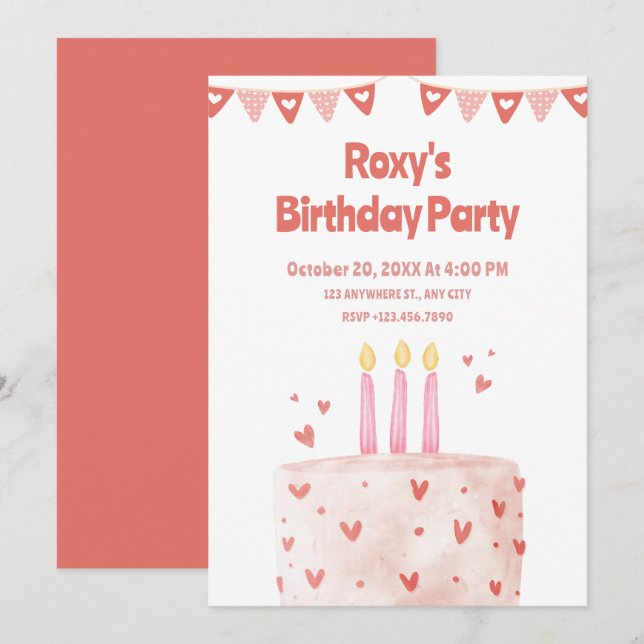 Rosa Herz Birthday cake Einladung (Vorne/Hinten)