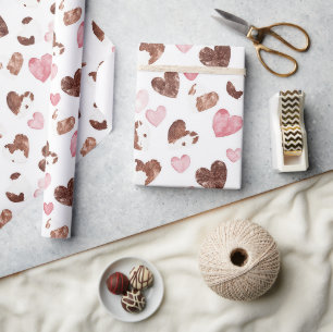 Rosa Herz Brown Kakaokuh Print Birthday Geschenkpapier
