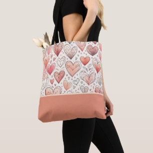 Rosa Herz-Doodles Valentinstag-Farbenblock Tasche