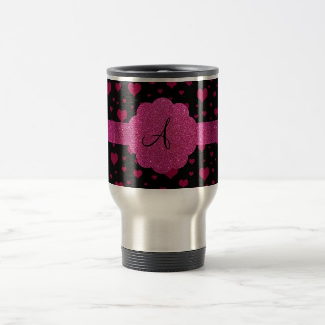 Rosa Herz-Glitter des Monogramms Reisebecher (Mittel)