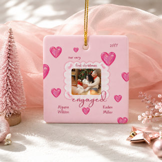 Rosa Herz Kariertes Erstes Weihnachten Verlobt Fot Keramikornament