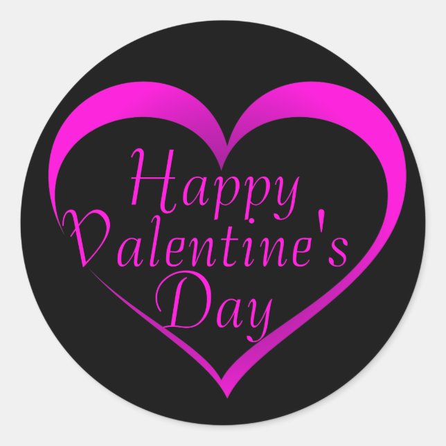 Rosa Herz Kontur auf Schwarz, glücklicher Valentin Runder Aufkleber (Vorderseite)