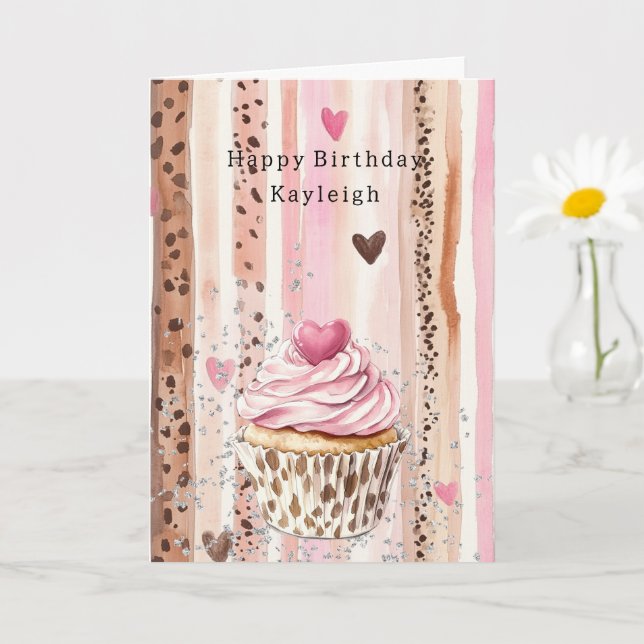 Rosa Herz Leopard Cupcake Konfetti Geburtstag Karte (Kleine Pflanze)