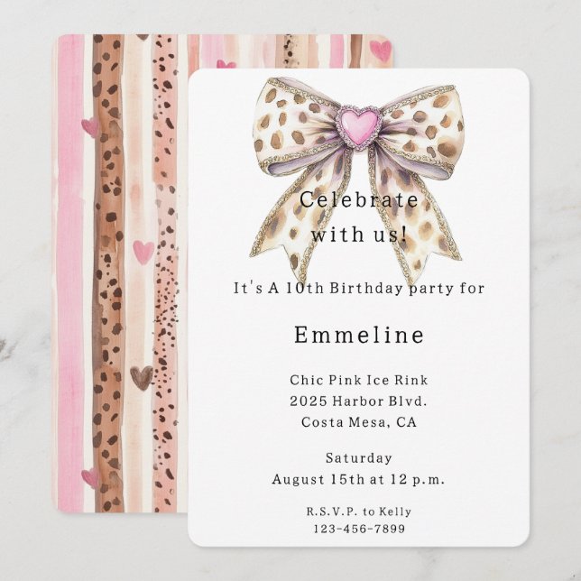Rosa Herz Leopard Girly Bow Geburtstag Einladung (Vorne/Hinten)