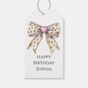 Rosa Herz Leopard Girly Bow Geburtstag Geschenkanhänger