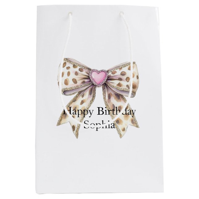 Rosa Herz Leopard Girly Bow Geburtstag Mittlere Geschenktüte (Vorderseite)