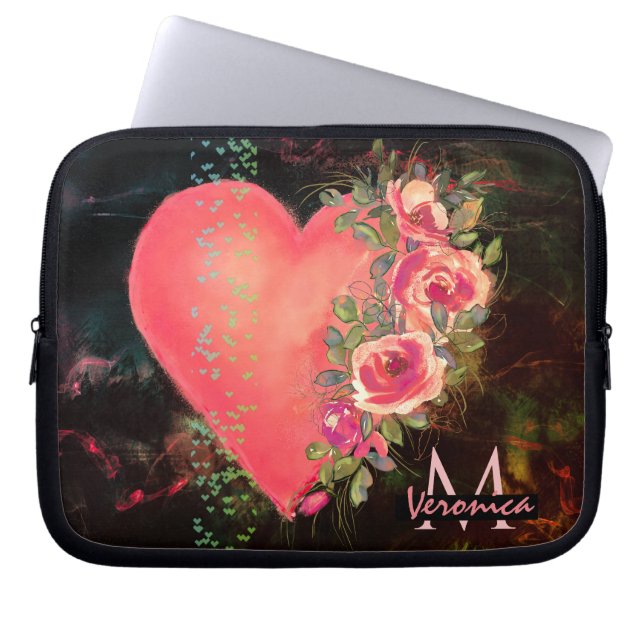 Rosa Herz Mit Monogramm Laptop-Ärmel Laptopschutzhülle (Vorderseite)