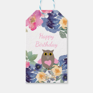 Rosa Herz Owl Floral Wasserfarbe Glücklich Geburts Geschenkanhänger