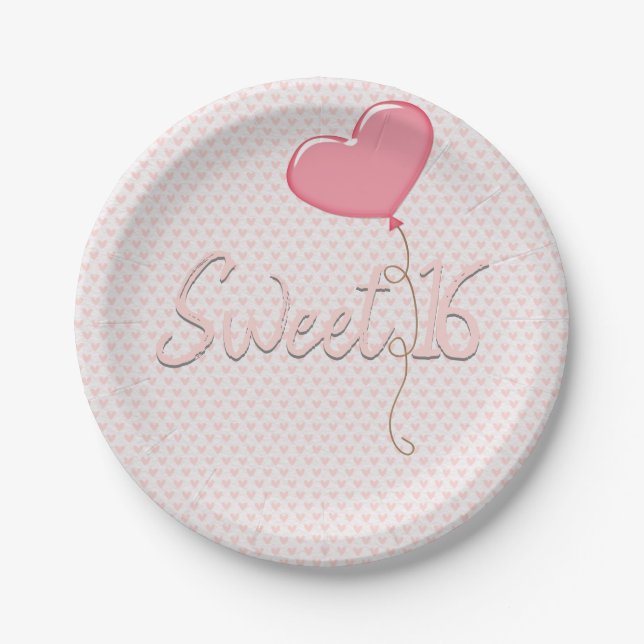 Rosa Herz Sweet 16 Ballon Pappteller (Vorderseite)