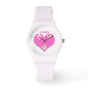 Rosa Herz und gelbe Blumen Armbanduhr