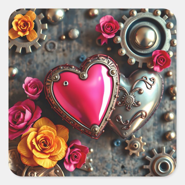 Rosa Herz und Metallgeere Steampunk Quadratischer Aufkleber (Vorderseite)