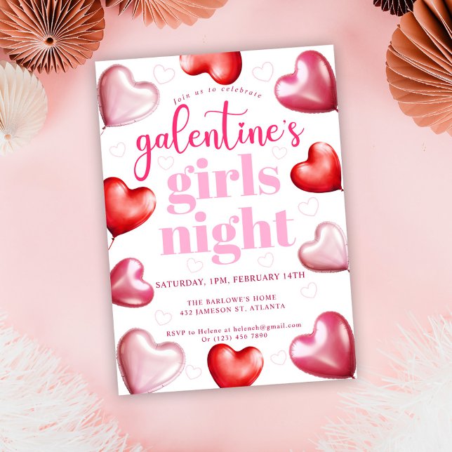 Rosa Herz Valentins Galentiner Girls Night Einladung (Girly Cute Fun Valentine's Galentine's Girls Night Invitation)