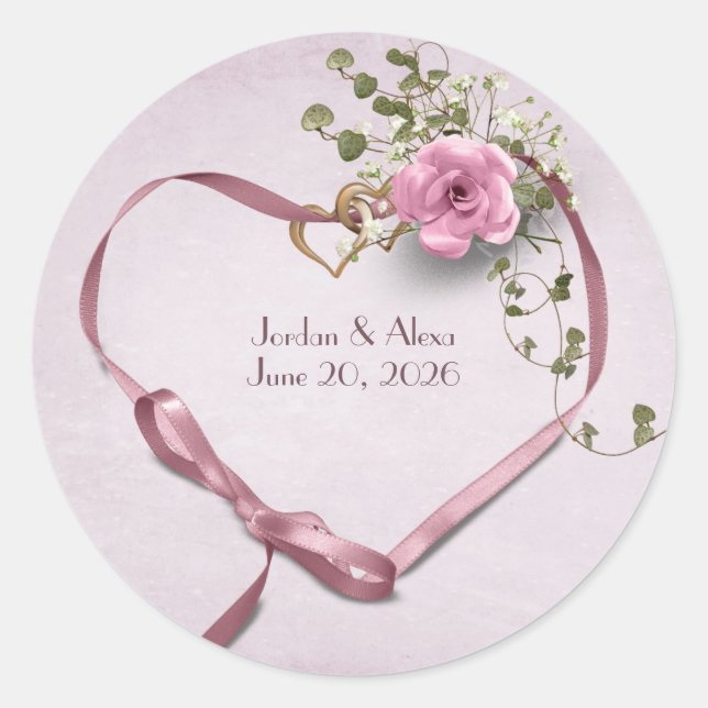 Rosa Herzband für Hochzeitsankündigung Runder Aufkleber (Vorderseite)