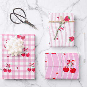 Rosa Herzband-Kirschen Geschenkpapier Set
