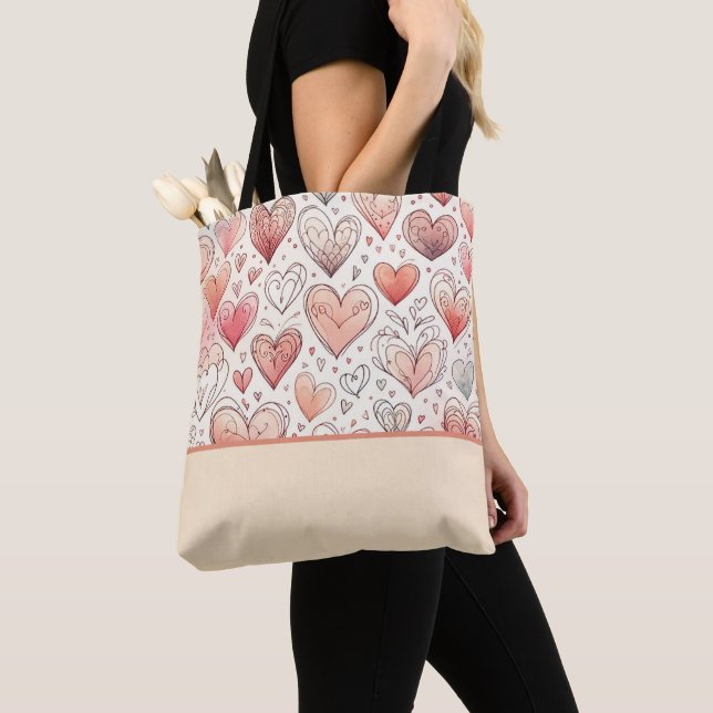Rosa Herzdoodles Valentinstag Farbblock Tasche (Von Nahem)