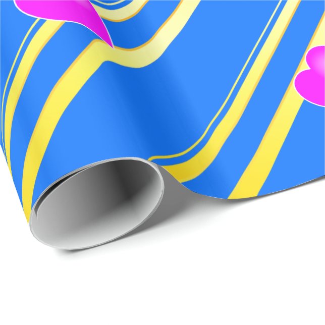 Rosa Herzen auf blauem Hintergrund Gold Streifen Geschenkpapier (Rolleneckpunkt)