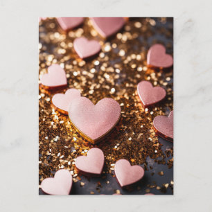 Rosa Herzen auf goldenem Glitzer Boden Valentine's Postkarte