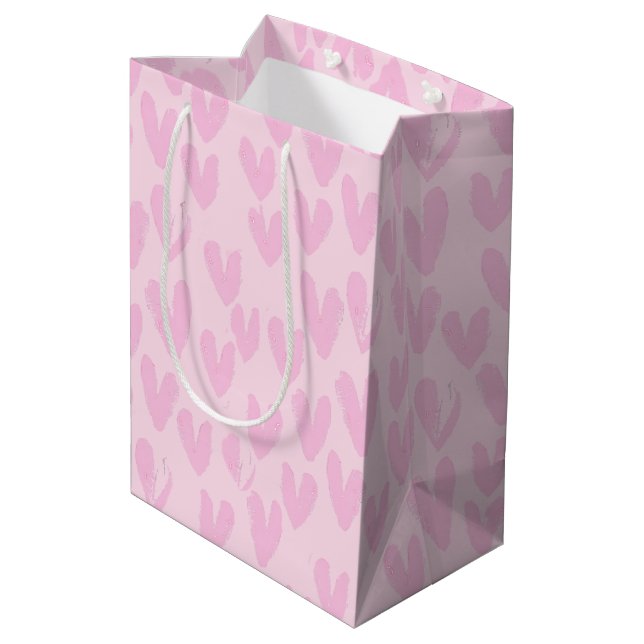 Rosa Herzen auf rosa Mittlere Geschenktüte (Rückseite Schrägansicht)