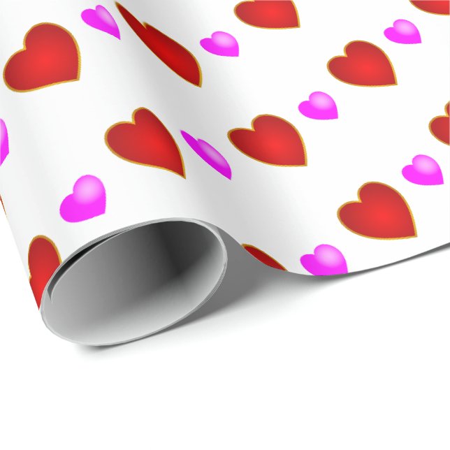 Rosa Herzen auf WEISS Geschenkpapier (Rolleneckpunkt)