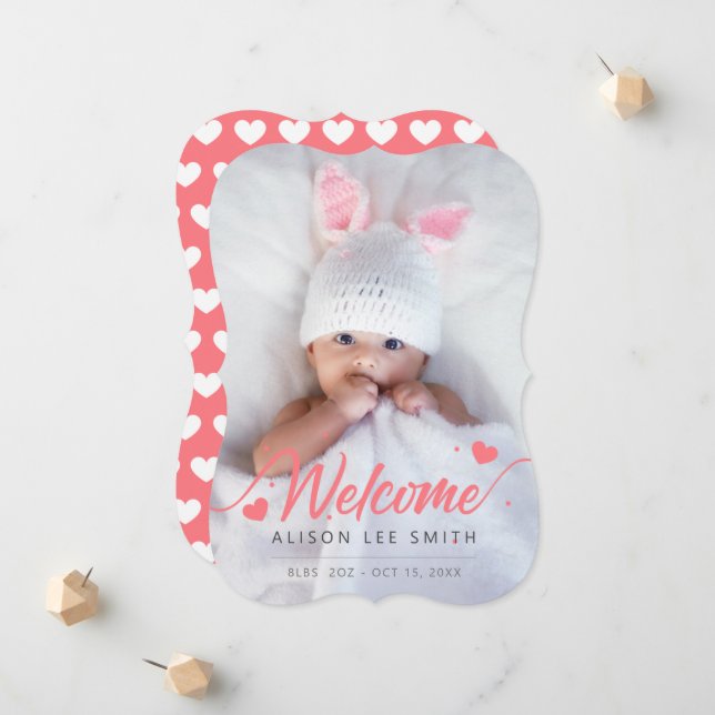Rosa Herzen Baby Birth Foto Ankündigung (Vorderseite/Rückseite Beispiel)