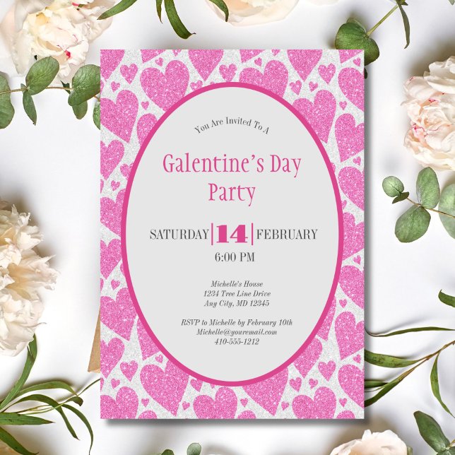 Rosa Herzen Galentinisches Party Einladung (Pink Hearts Glitter sparkle Galentine's Valentines Day Party Invitaiton)