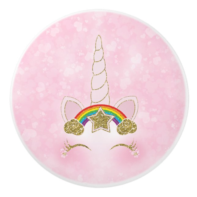 Rosa Herzen Gold Rainbow Star Horn Face Keramikknauf (Vorderseite)