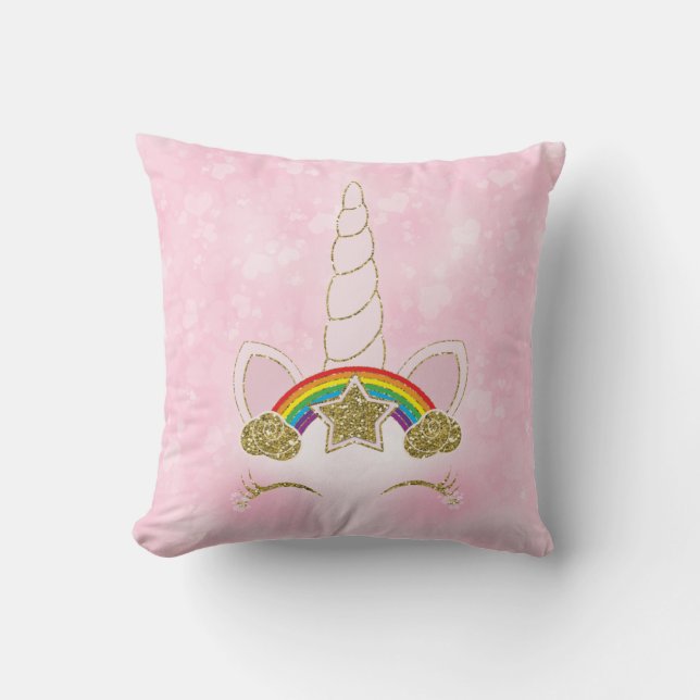 Rosa Herzen Gold Rainbow Star Horn Face Kissen (Vorderseite)