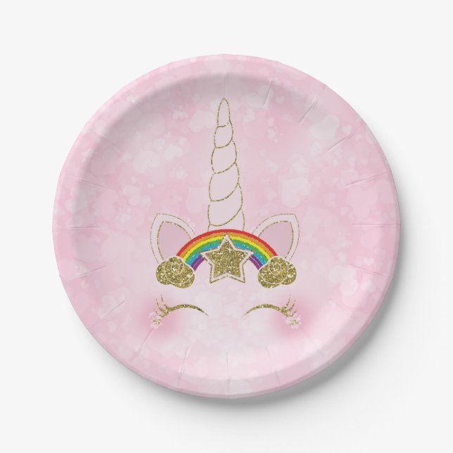 Rosa Herzen Gold Rainbow Star Horn Face Pappteller (Vorderseite)