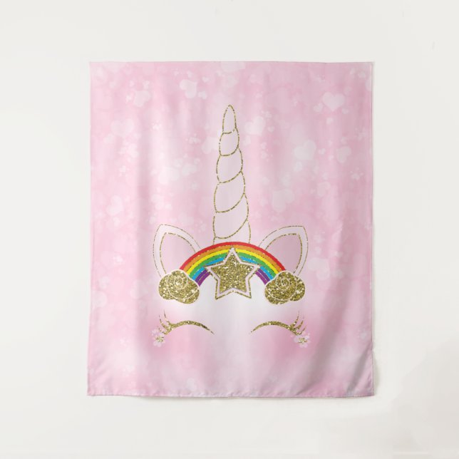Rosa Herzen Gold Rainbow Star Horn Face Wandteppich (Vorderseite)