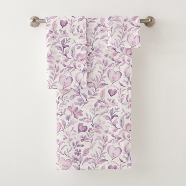 Rosa Herzen Lila Blätter Badhandtuch Set (Insitu)