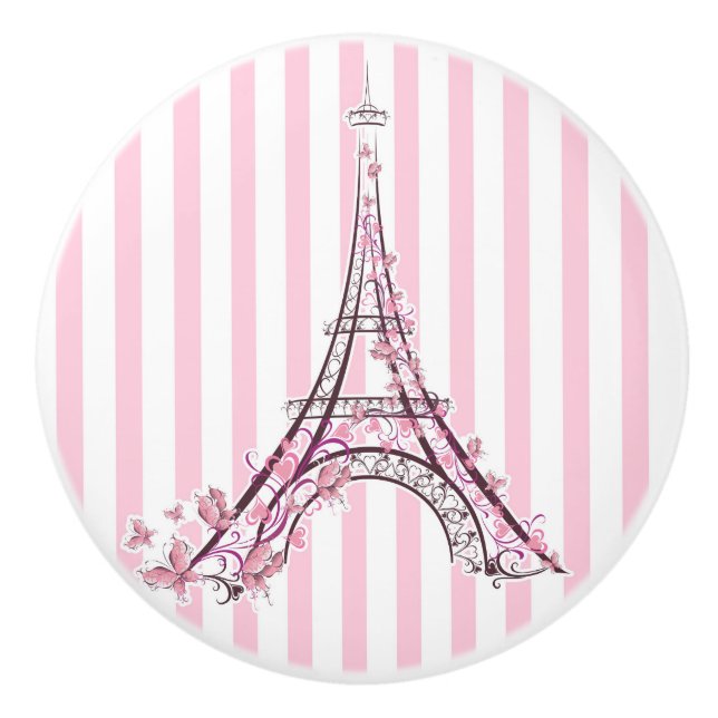 Rosa Herzen & Schmetterlinge Paris Eiffelturm Girl Keramikknauf (Vorderseite)