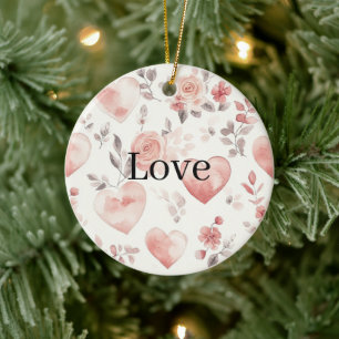 Rosa Herzen und Blumen Liebe   Keramik Ornament