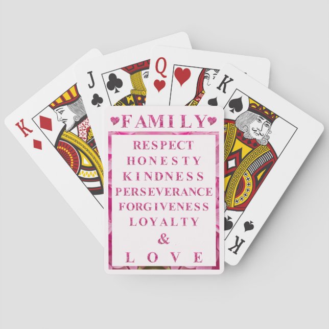 Rosa Herzen und Buchstaben, Familienwerte - Nacht Spielkarten (Rückseite)