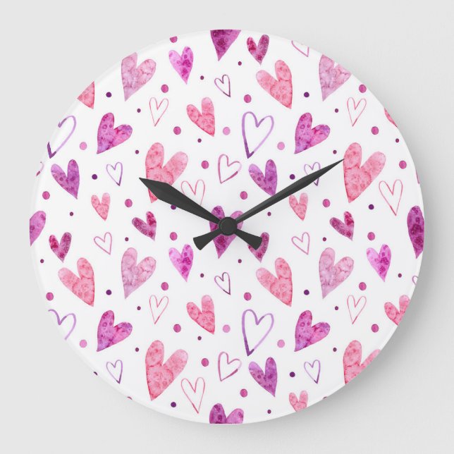 Rosa Herzen und Polka Punkte: Romantische Freude. Große Wanduhr (Vorderseite)