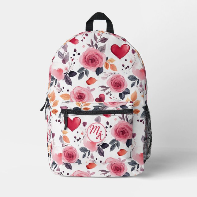 Rosa Herzen und Rose Bedruckter Rucksack (Vorderseite)