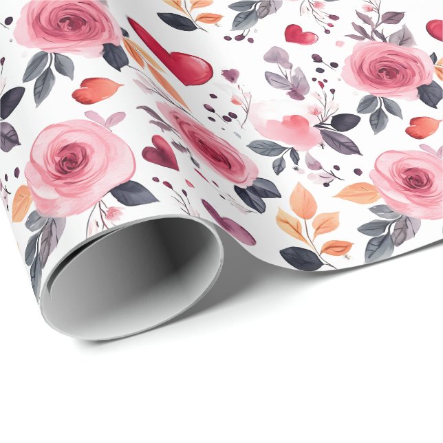 Rosa Herzen und Rose Geschenkpapier (Rolleneckpunkt)