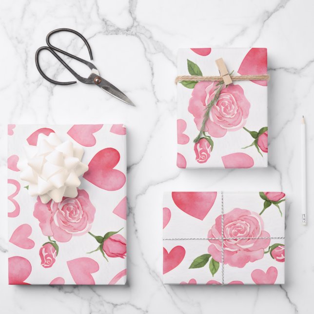 Rosa Herzen und Rose Geschenkpapier Set (Vorderseite)
