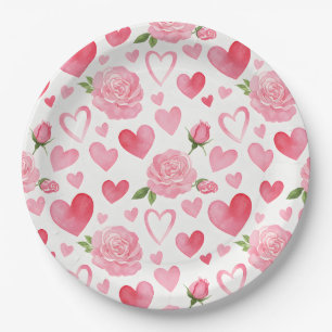 Rosa Herzen und Rose Pappteller