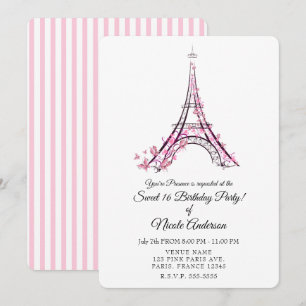 Rosa Herzen und Schmetterlinge Paris Eiffel Tower Einladung