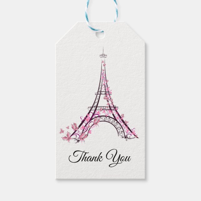 Rosa Herzen und Schmetterlinge Paris Eiffel Tower  Geschenkanhänger (Vorderseite)