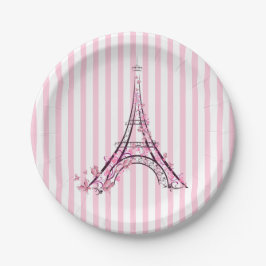 Rosa Herzen und Schmetterlinge Paris Eiffel Tower Pappteller