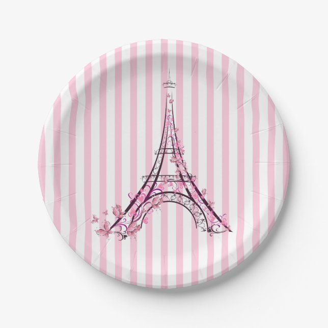Rosa Herzen und Schmetterlinge Paris Eiffel Tower  Pappteller (Vorderseite)