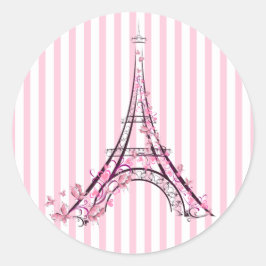 Rosa Herzen und Schmetterlinge Paris Eiffel Tower Runder Aufkleber